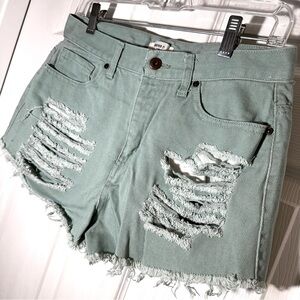 Distressed Green Denim Shorts